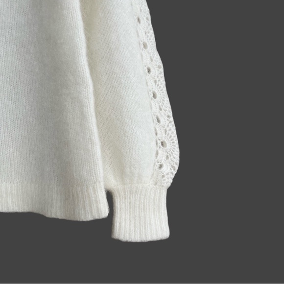 SEZANE Ecru Cream Mohair Wool Scalloped Lace Panel Balloon Sleeve Stacy Sweater - Picture 10 of 17